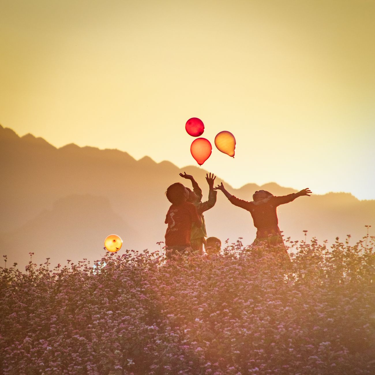 Children playing with balloons in a meadow at sunset